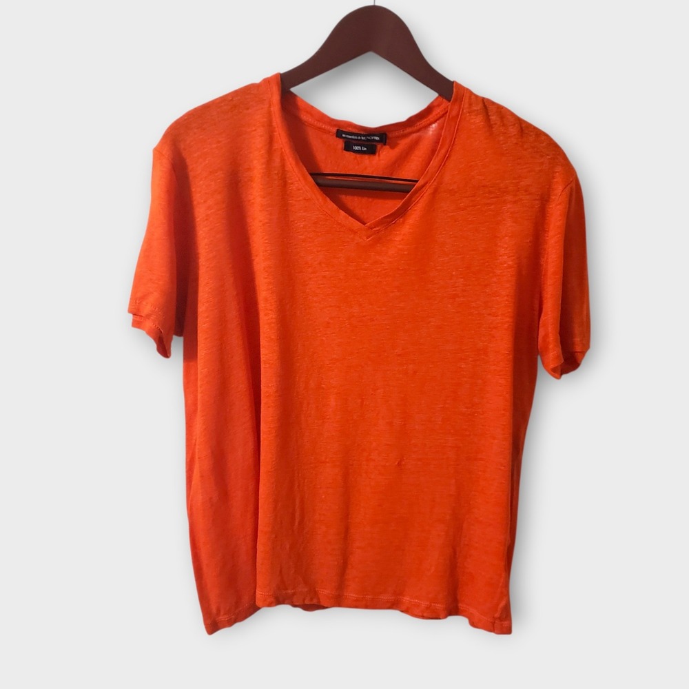 Monoprix Orange 100% Linen V-Neck Short Sleeve Tee XL
